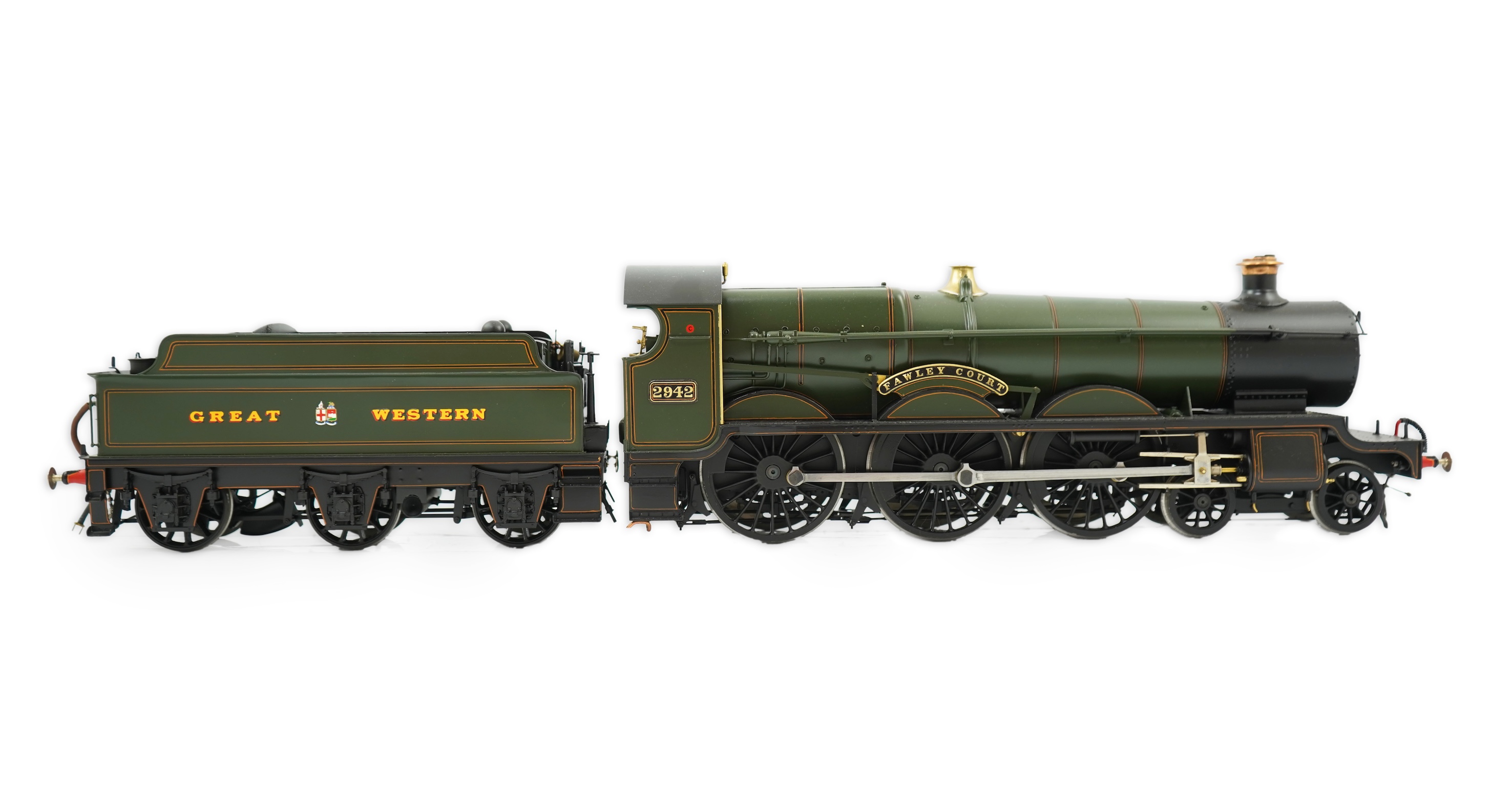A Gauge One model of GWR Saint Class Fawley Court 2942, 4-6-0 tender locomotive, the model is unpowered, possibly to allow for the detailing between the frames.